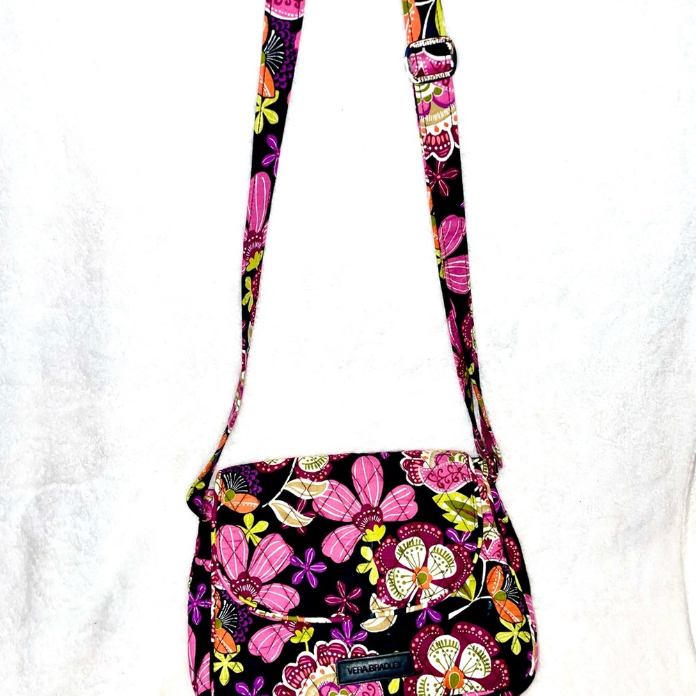 VERA BRADLEY CROSSBODY PINK PURPLE BLACK FLORAL PURSE 10x8x3 - Picture 4 of 14